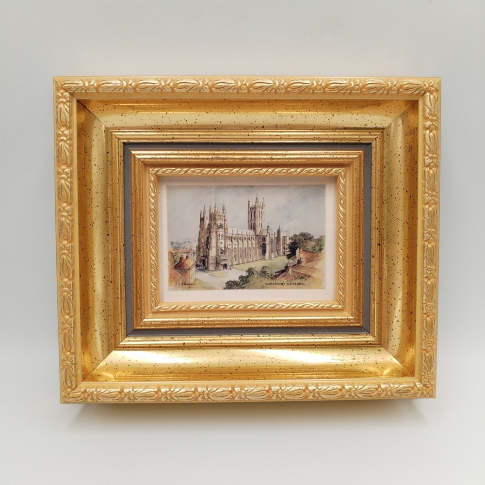 Vintage Canterbury Cathedral Watercolor Print Mini Framed Architectural Art 6x7